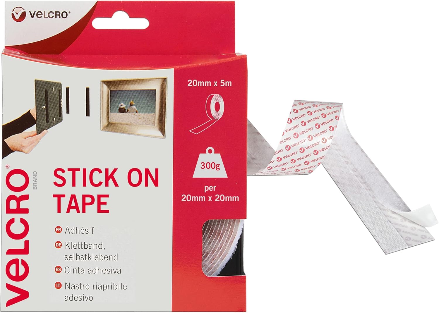 VELCRO Brand Stick On Tape Cut-to-Length Strong Hook & Loop Self Adhesive Sticky Tape Perfect for Room Décor & Home, Office, Garage Use White 20mm x 5m